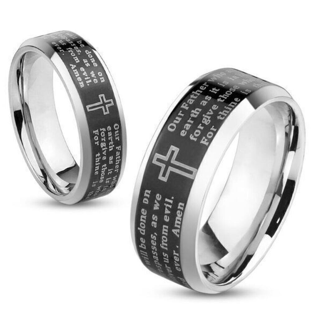 Lord's Prayer Black silver 316L Stainless Steel band hypoallergenic Size‎ 13